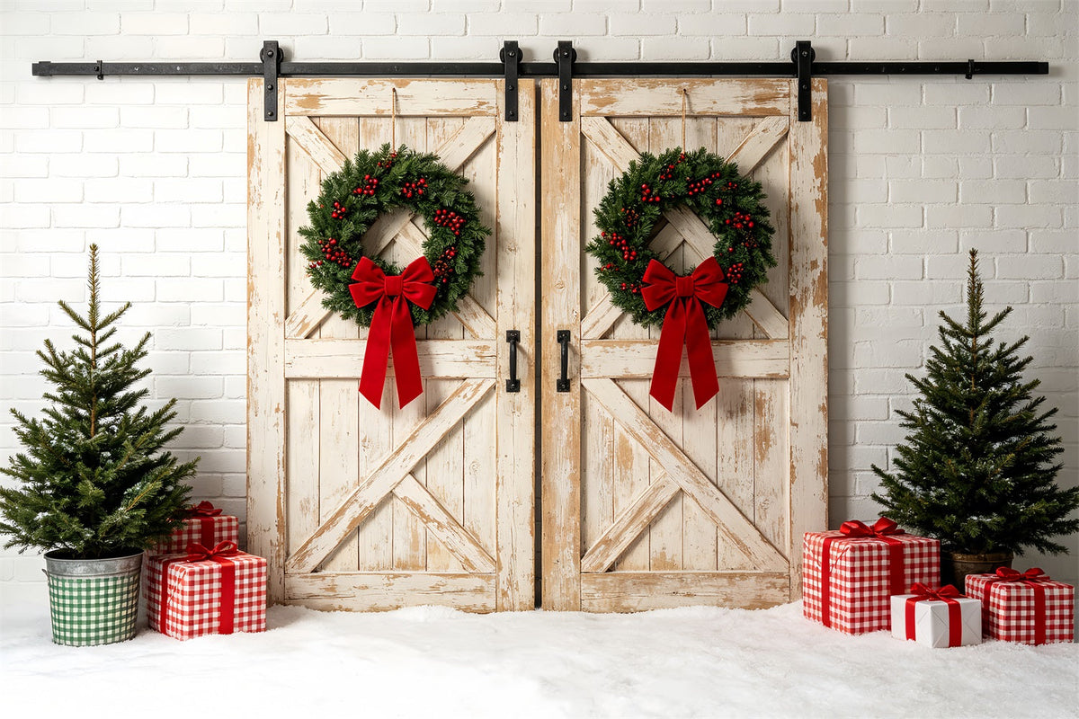 Weihnachtswand-Hintergrund Weißer Scheunentor-Kranz Studio-Weihnachtskulisse ZTT69-37
