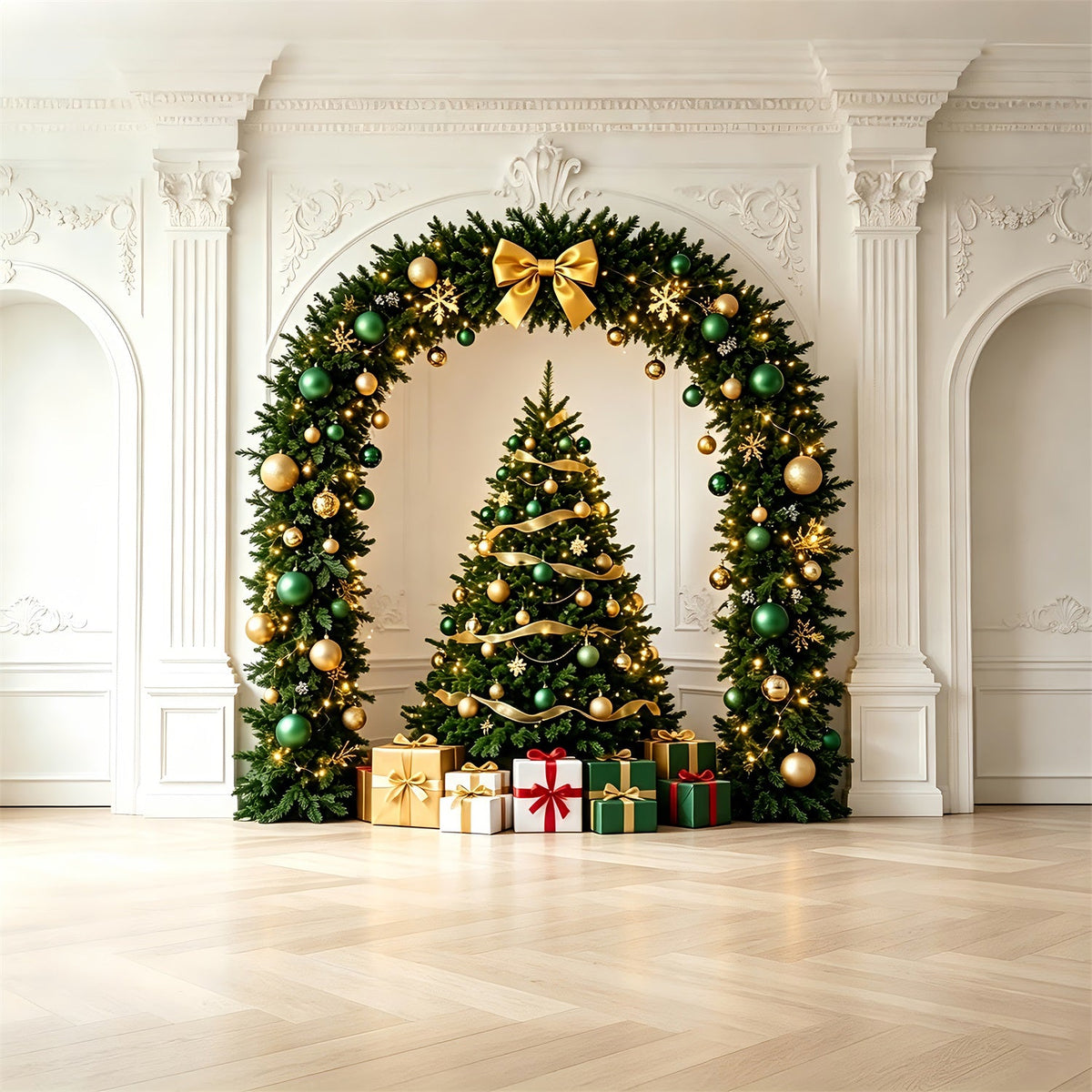 Weihnachtsschmuck-Hintergrund Eleganter Grüner Goldbogen Studio-Weihnachtskulissen ZTT69-38