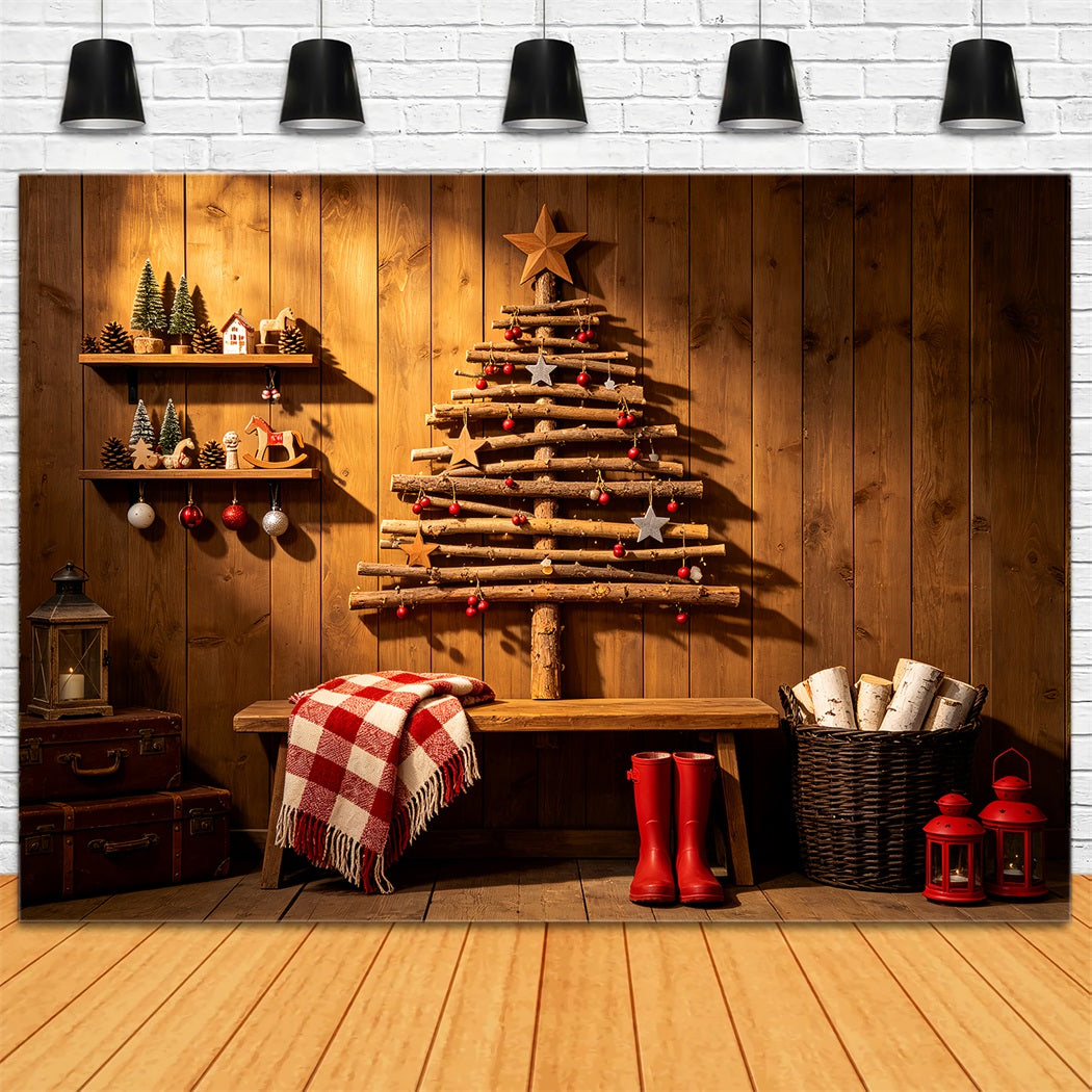 Rustikale Weihnachtskulissen Ländliche Baumdekoration Aus Holz Weihnachtshintergründe Für Den Innenbereich ZTT69-42