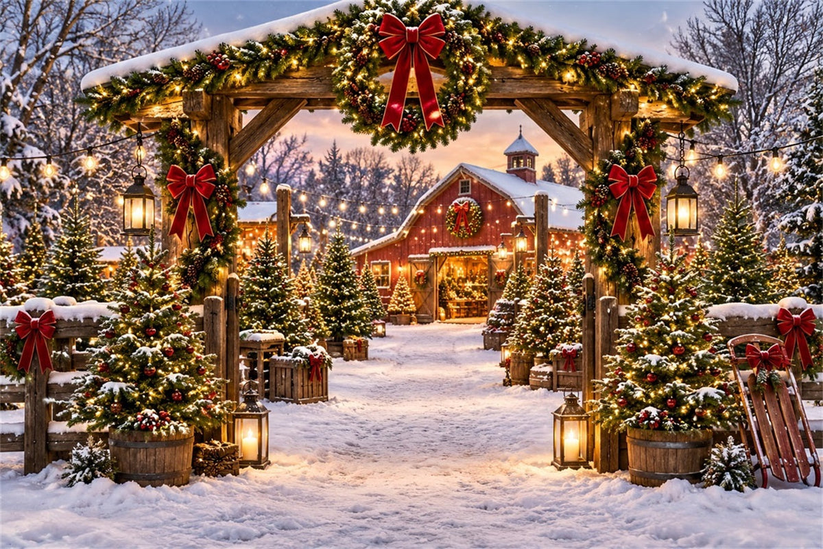 Weihnachtsbaumfarm Hintergrund Rustikale Scheune Girlanden Eingang ZTT69-51