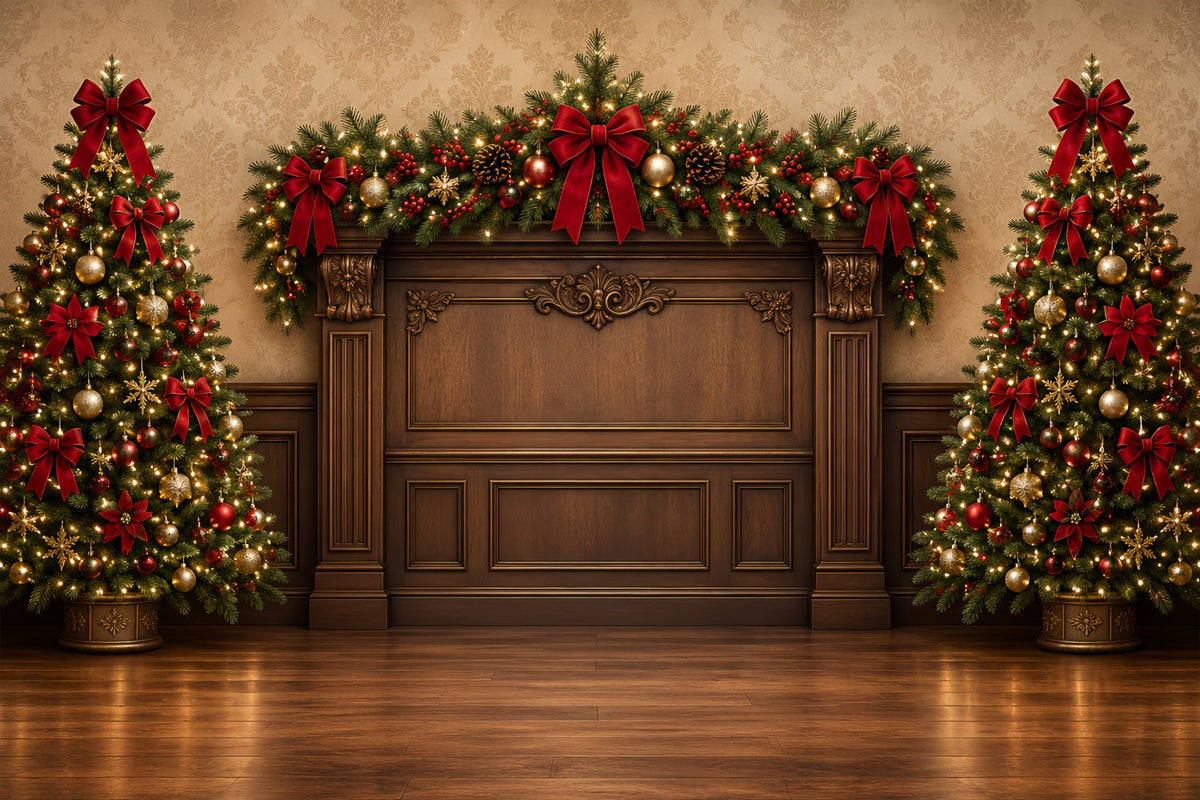 Weihnachtlicher Fotohintergrund Rote Schleife Immergrüner Kaminsims Hochauflösend ZTT69-55