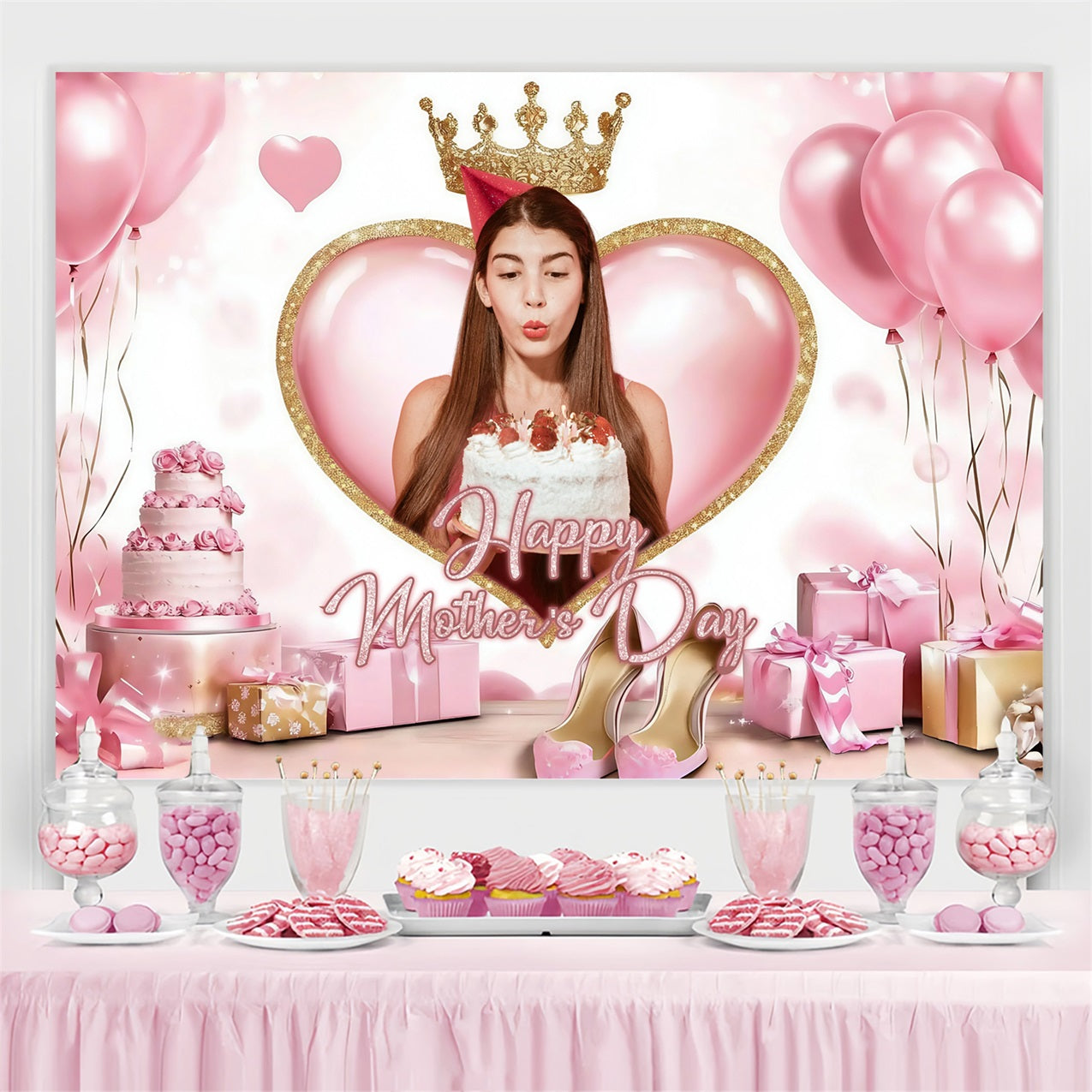 Muttertag Fotokulisse Ballons Kuchen Krone Personalisierte Kulisse ZXY3-5