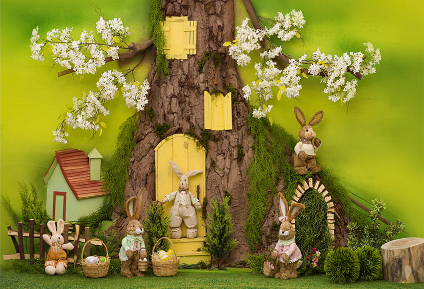 Häschen-Kaninchen-Baumhaus-Ostern-Hintergrund D1073