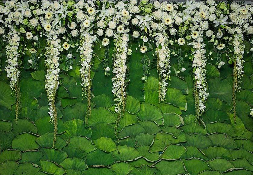 White Flowers Green Leaves Curtain Backdrop for Weeding F-2399