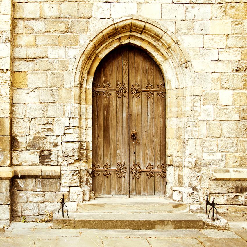 Brown Wooden Door Stone Wall Photography Backdrops J03182