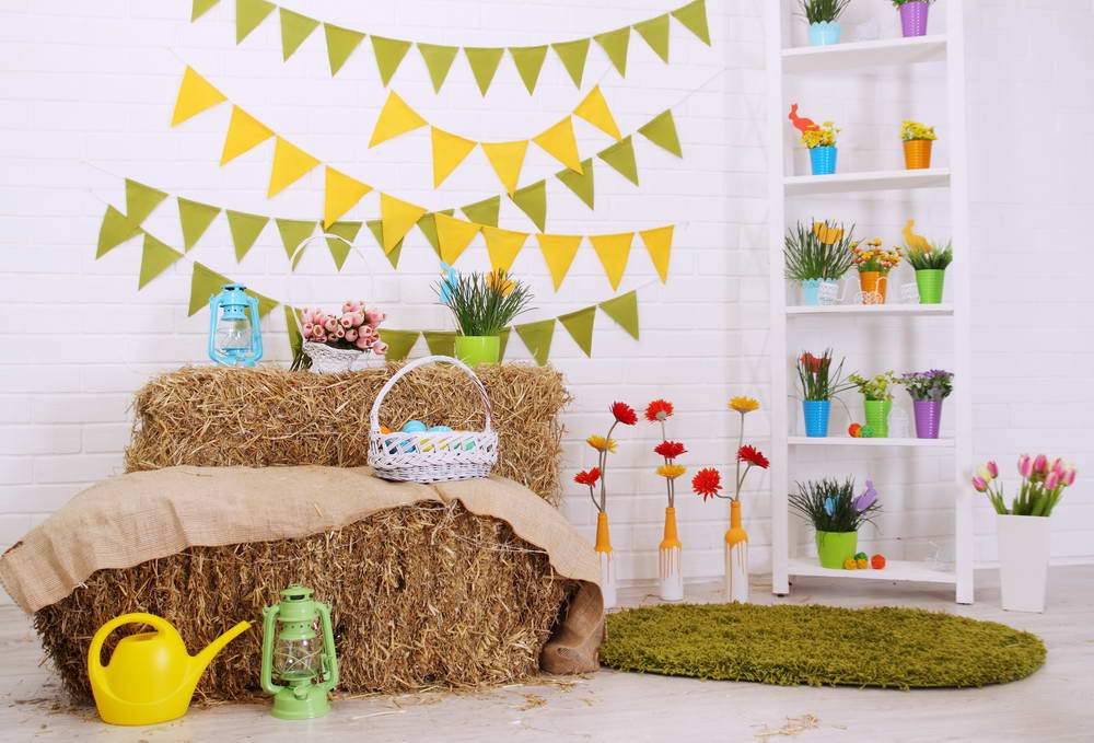 Easter Theme Indoor Haystacks Flowers Yellow Green Buntings Backdrop for Photography MR-2260