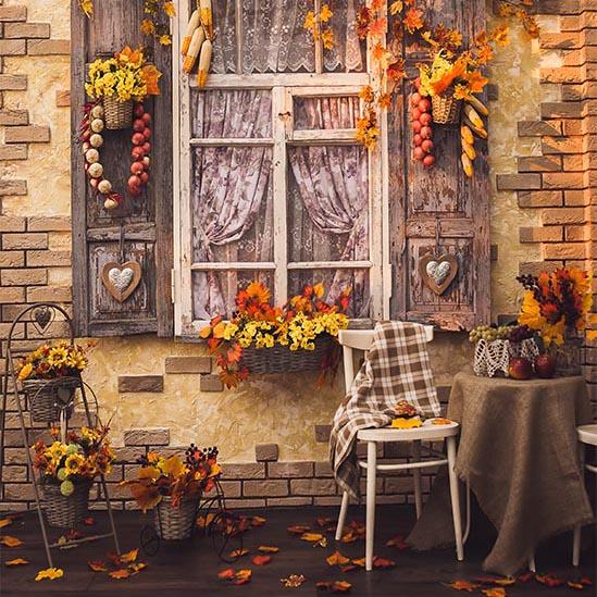 Herbstfenster Gelb Blätter Herbst Fotografie Hintergrund S-3201