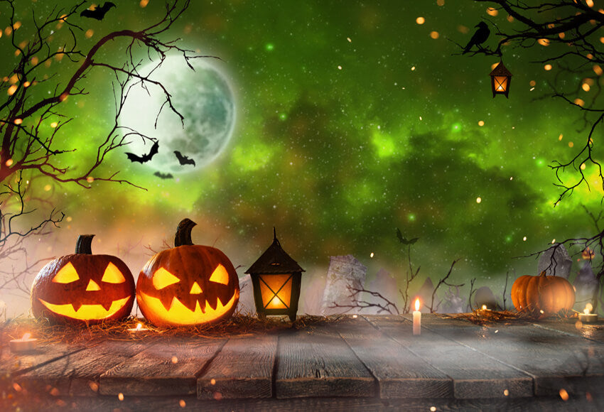 Halloween Pumpkins Dark Spooky Forest Blue Fog Backdrop