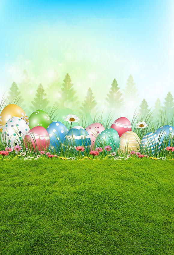 Easter Eggs Spring Flowers Green Grass Backdrop for Photo Studio LV-1358