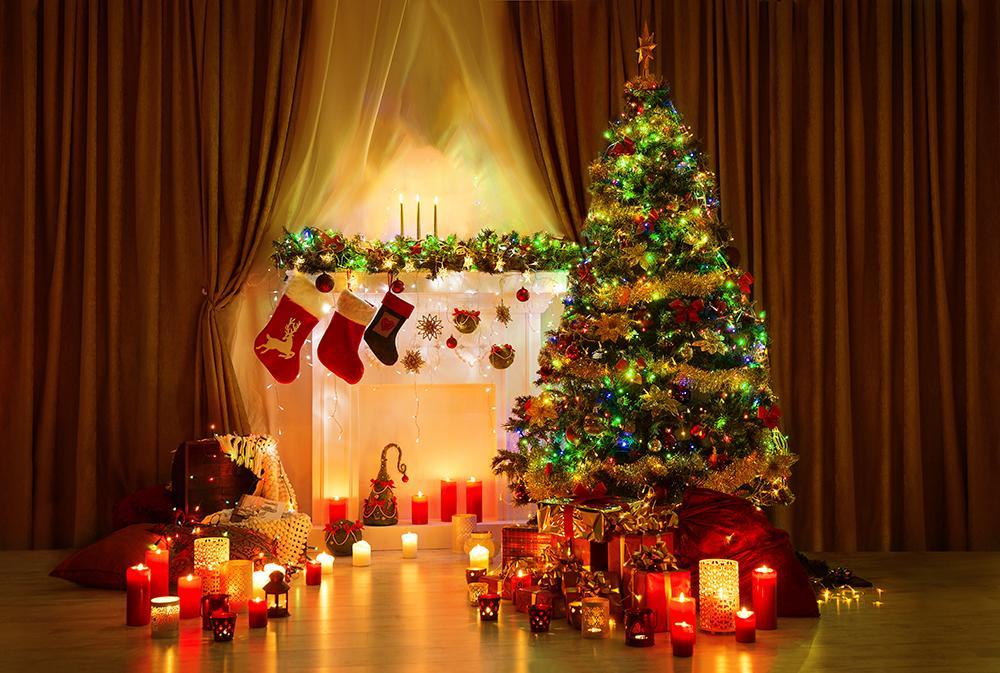 Warm Stove Christmas Tree Candles Socks Photography Backdrop DBD-H19175