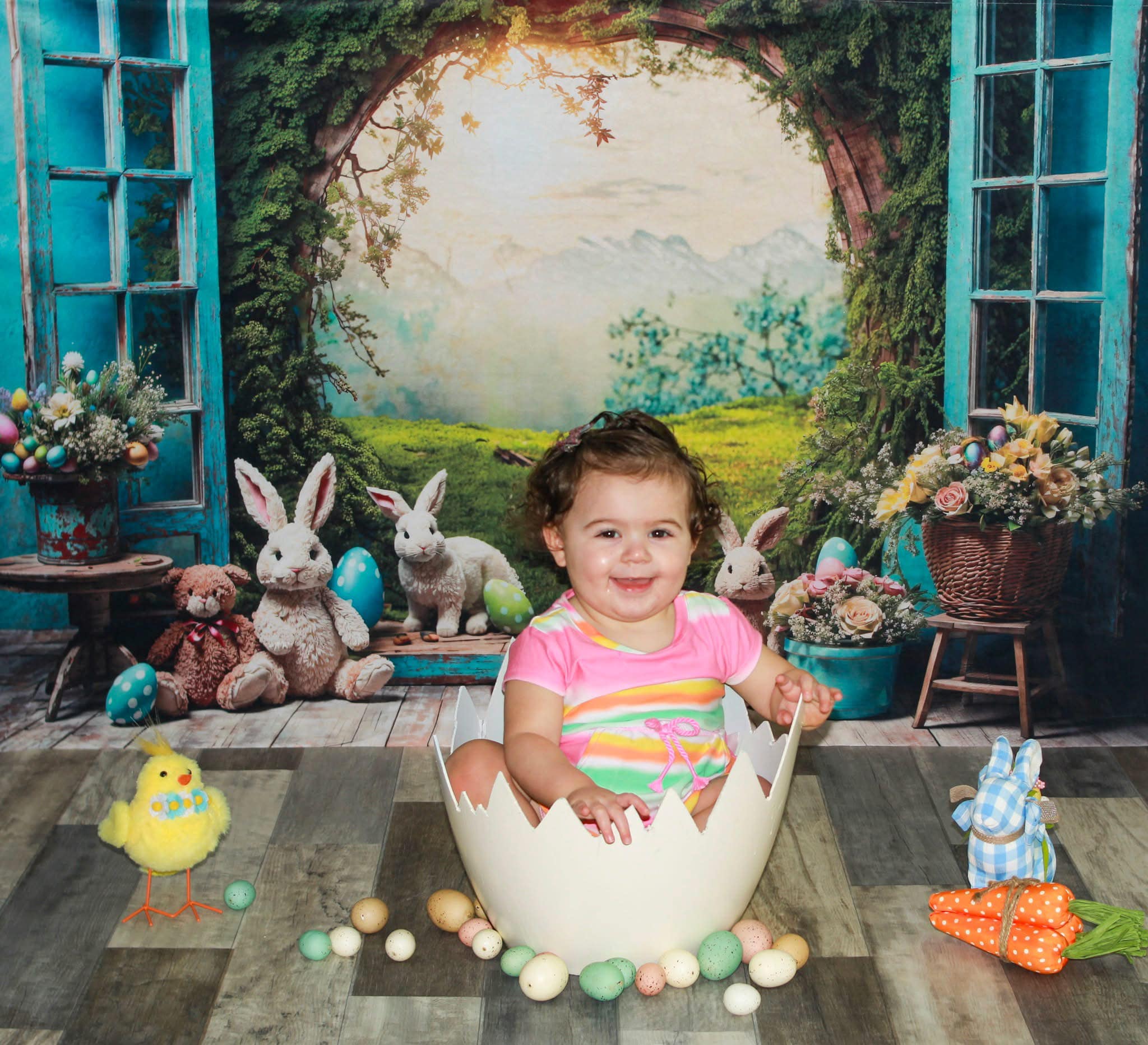 Osterhasen-Fotohintergrund Sonnenuntergang Wiese Kaninchen Eier Blumen Osterhintergrund MRR9-85