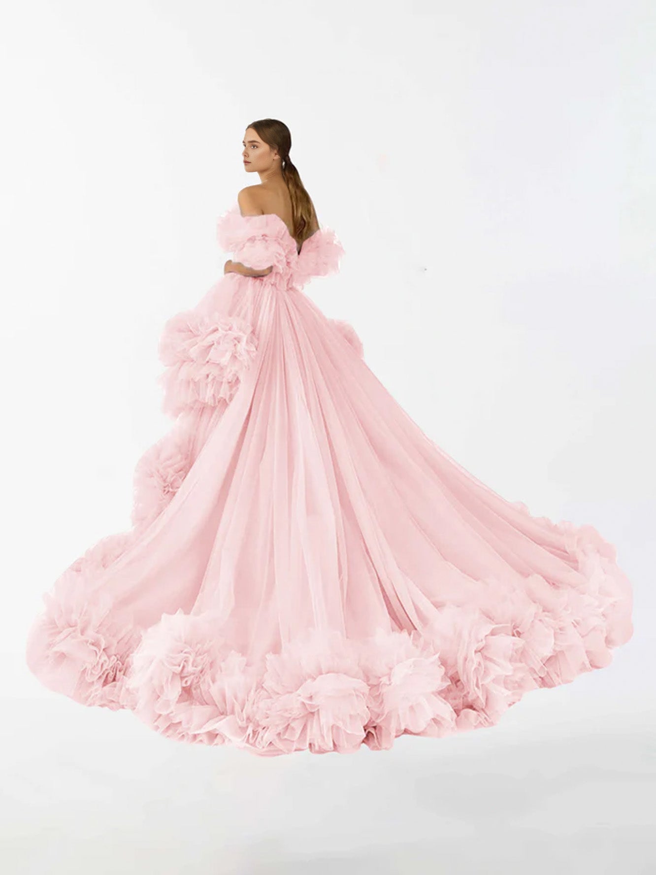 DBackdrop Tulle Unregelmäßig Gerüscht Hoch Niedrig Sweep Pinsel Zug Mutterschaft Kleid RB6