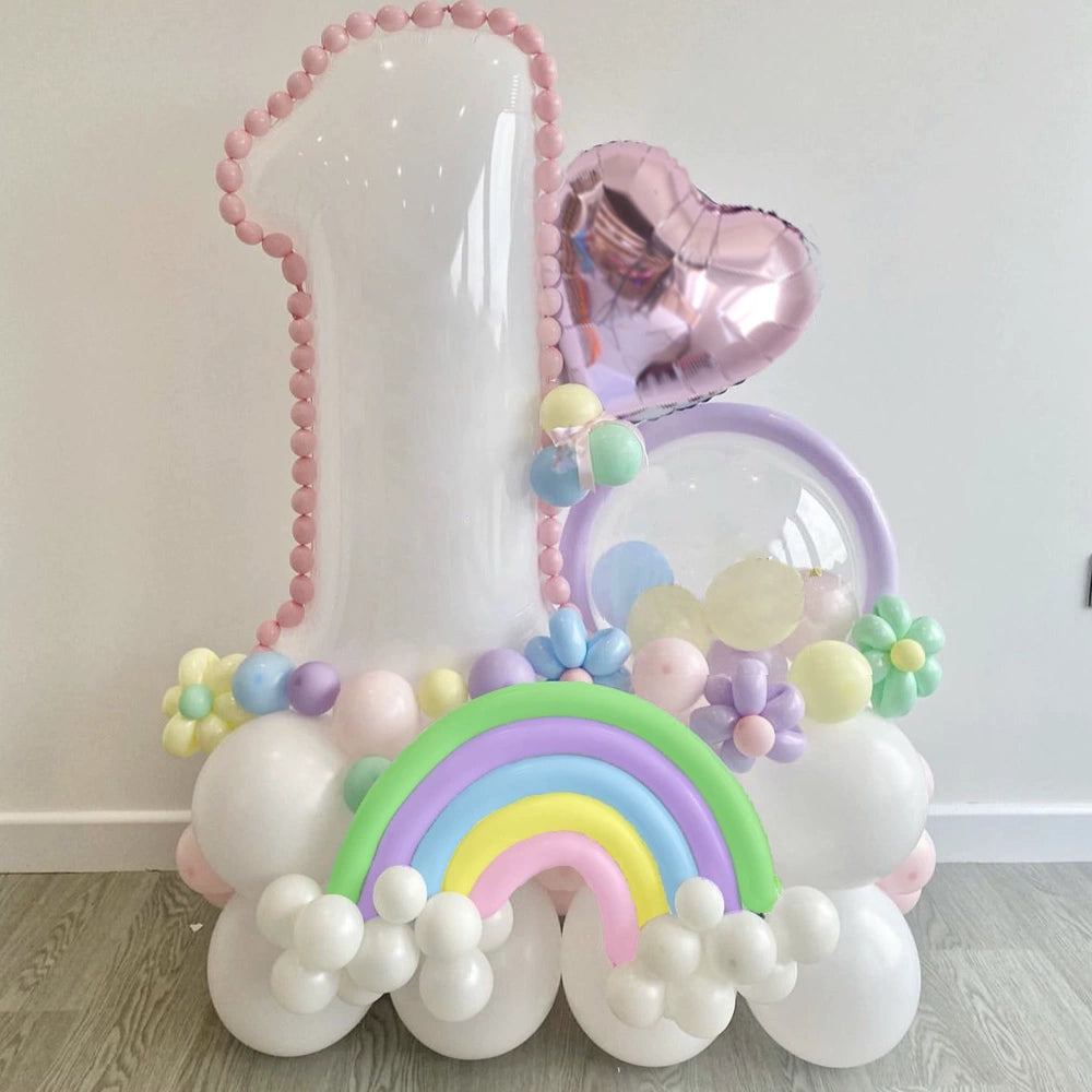 Makrone 32" Weiß Geburtstag Zahlen Regenbogen Ballon Set BA35