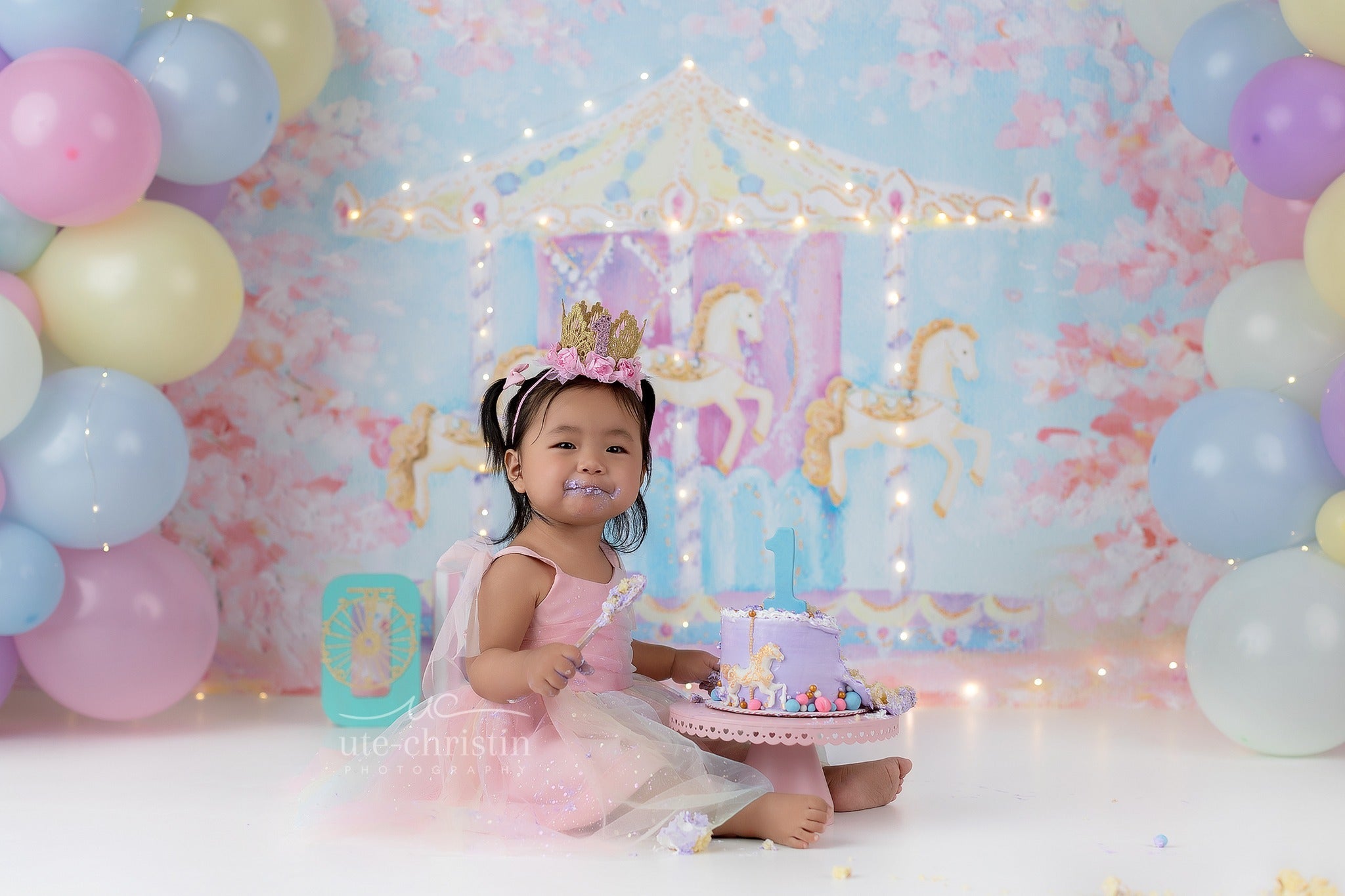 Kinder-Hintergründe Karussellpferde Kirschblüten Neugeborenen-Fotografie-Fotohintergrund MRR9-59