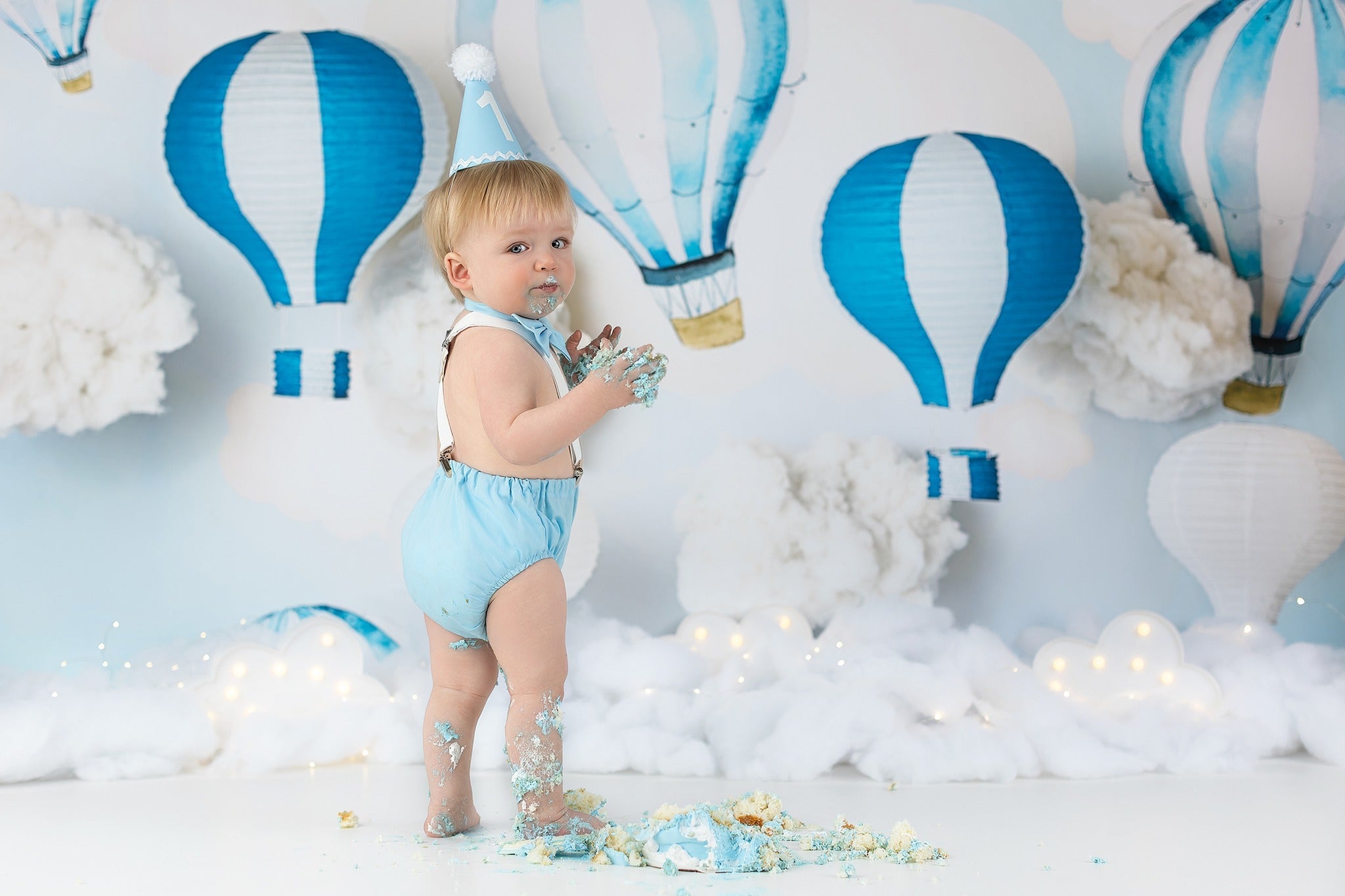 Neugeborenen-Fotohintergrund Blaue Wolken Heißluftballons Kinder-Fotohintergrund MRR9-47