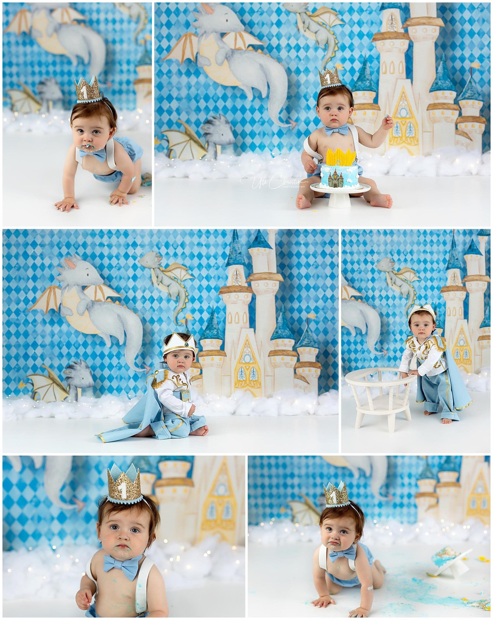 Fotohintergrund Schloss Fliegende Drachen Blaues Schloss Wolken Fotohintergrund für Neugeborenenfotografie MRR9-44