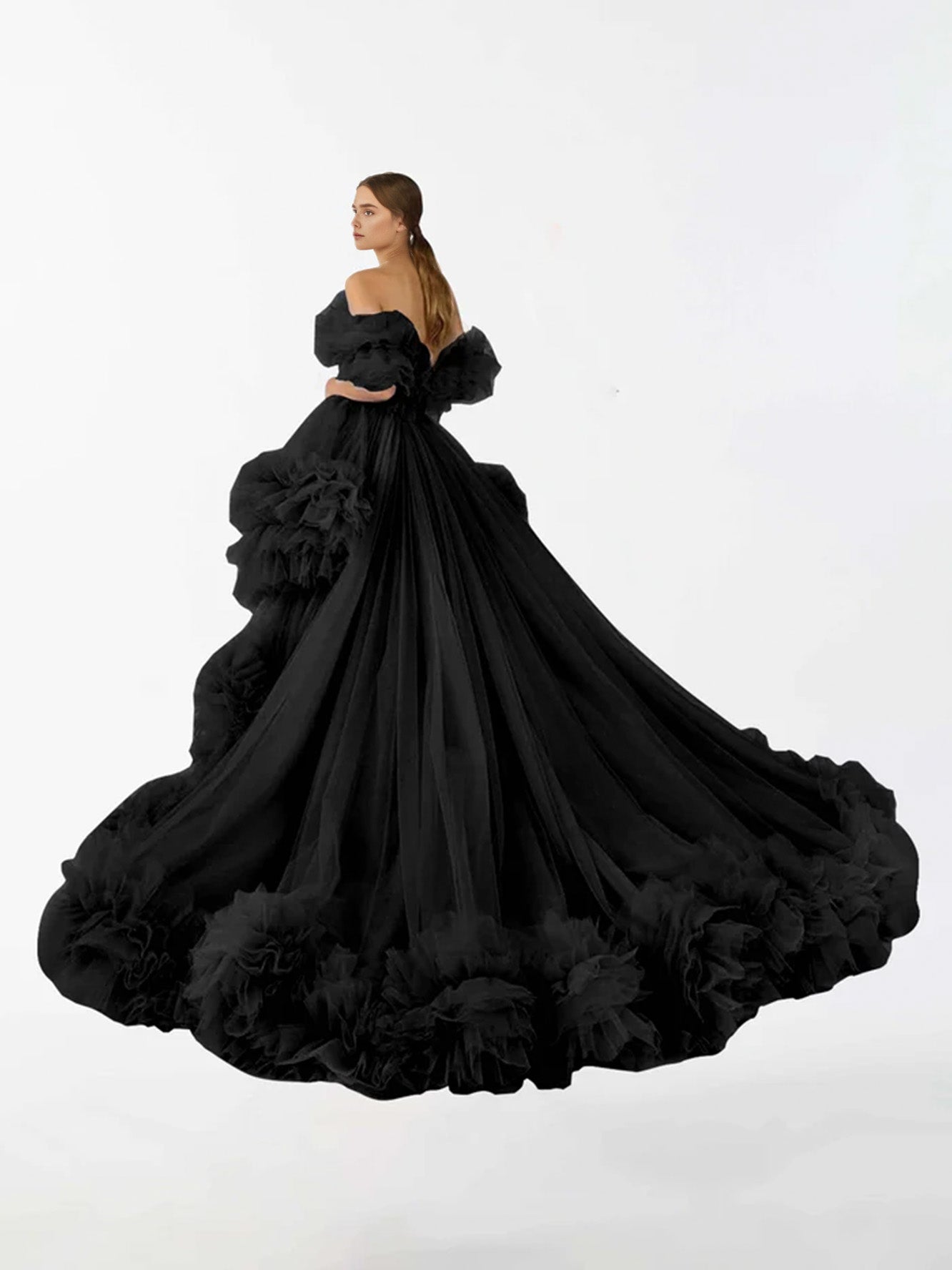 DBackdrop Tulle Unregelmäßig Gerüscht Hoch Niedrig Sweep Pinsel Zug Mutterschaft Kleid RB6