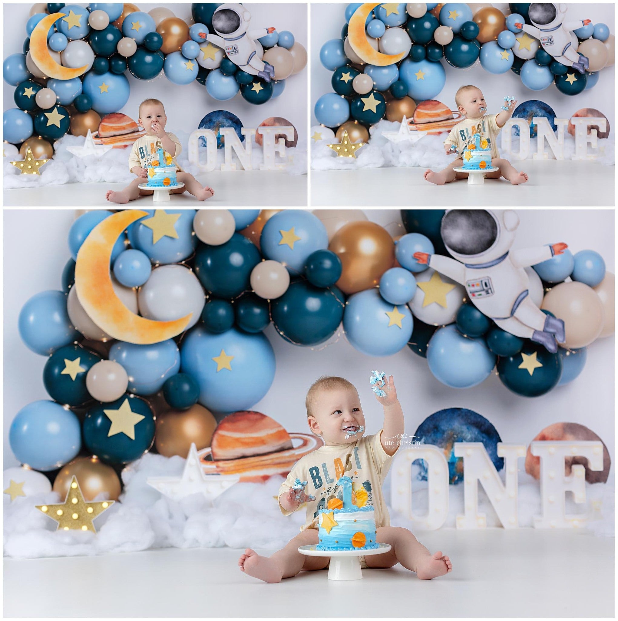 1. Geburtstagshintergrund Weltraum Astronaut Ballon Abenteuer Cake-Smash-Fotohintergrund MRR9-58