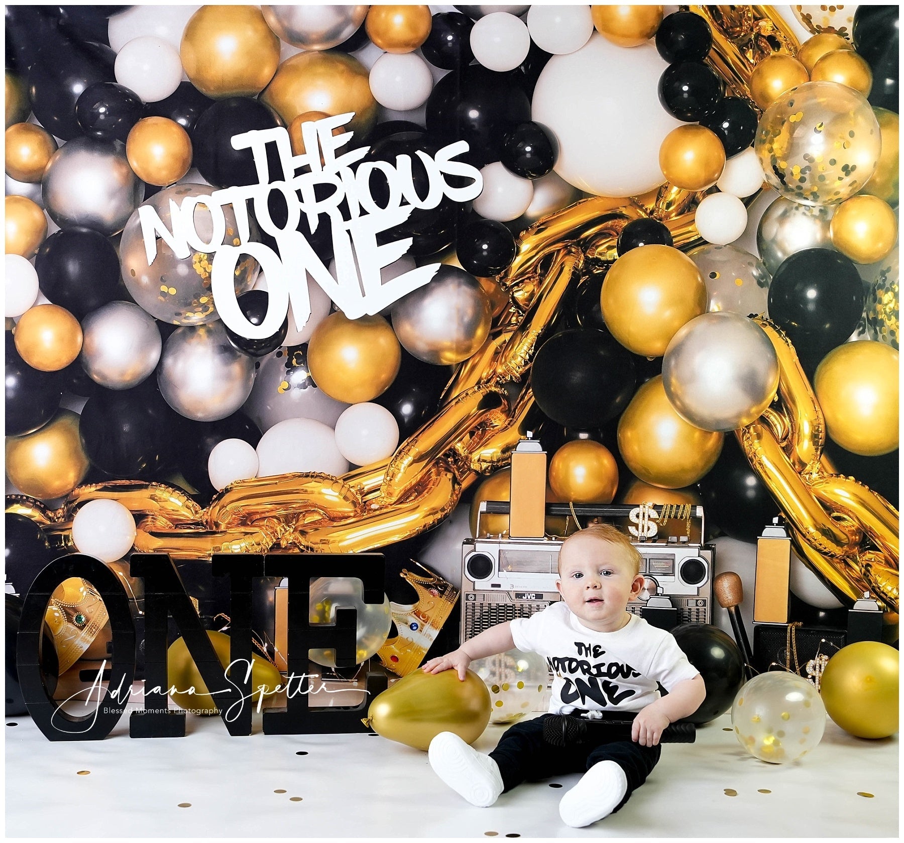 Cake Smash-Hintergrund Gold-schwarze Luftballons 1. Geburtstag-Hintergrund MRR10-43
