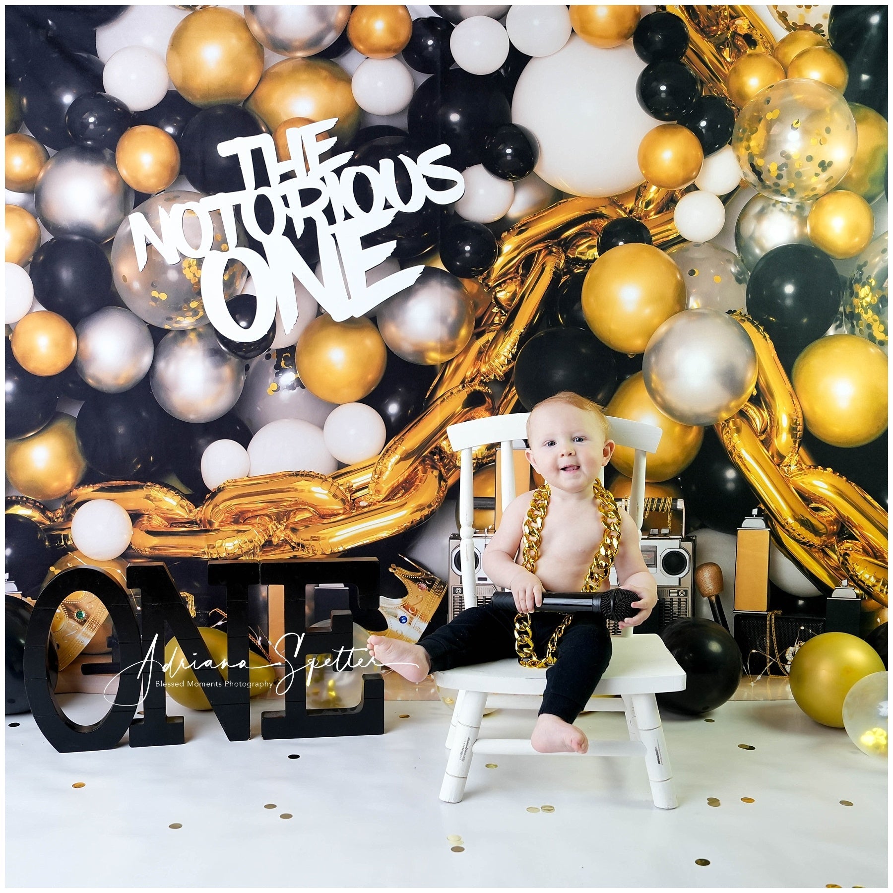 Cake Smash-Hintergrund Gold-schwarze Luftballons 1. Geburtstag-Hintergrund MRR10-43