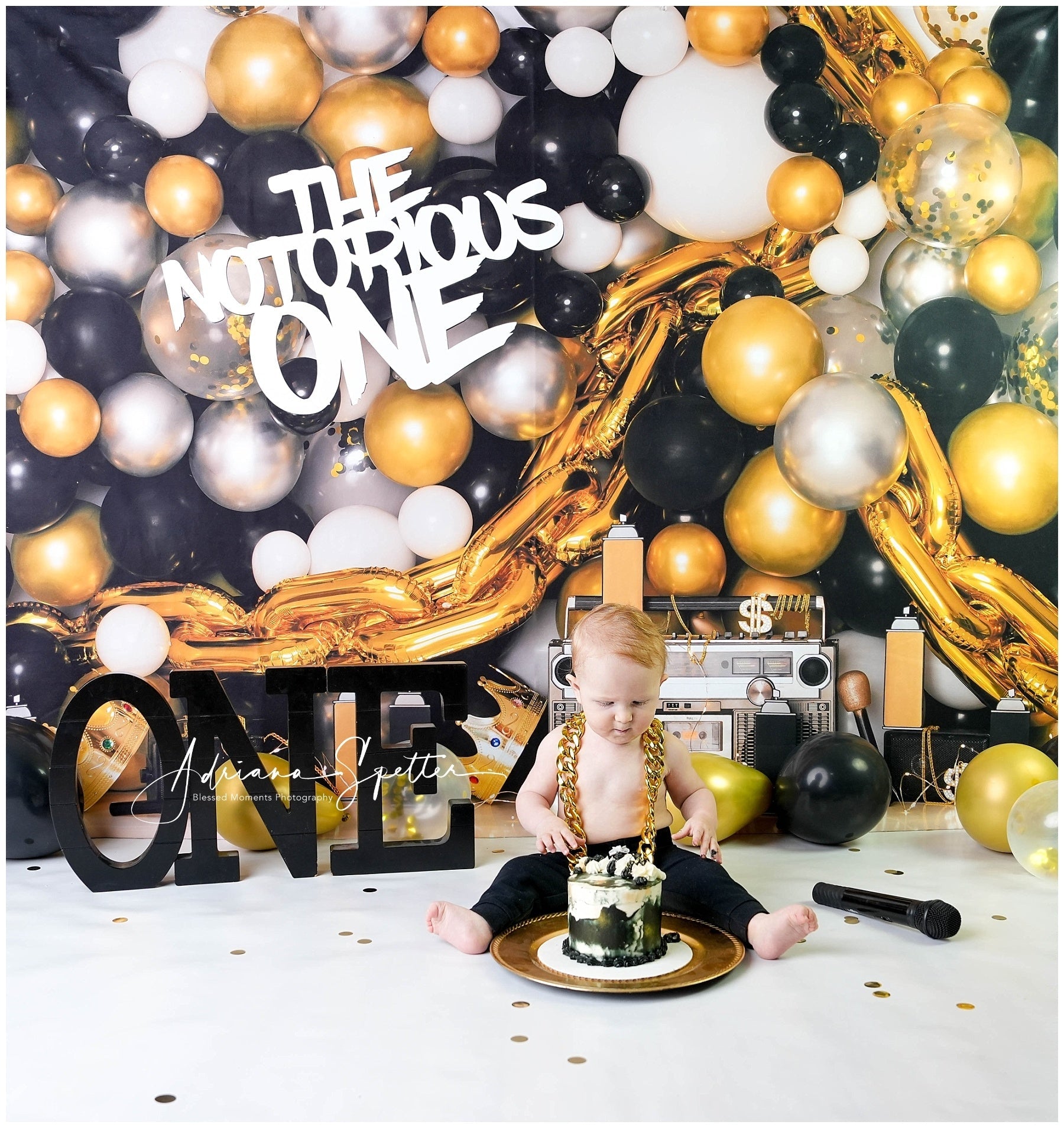 Cake Smash-Hintergrund Gold-schwarze Luftballons 1. Geburtstag-Hintergrund MRR10-43