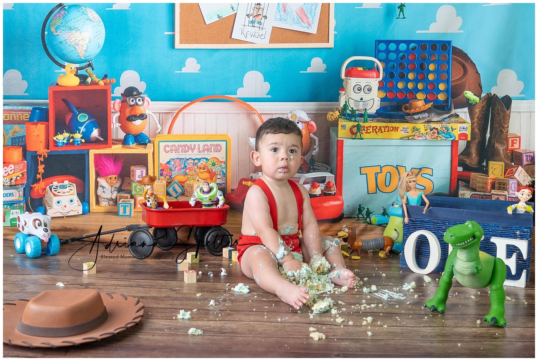 Zurück zur Schule-Fotohintergrund Buntes Spielzimmer im Toy Story-Stil Schulhintergrund MRR9-114