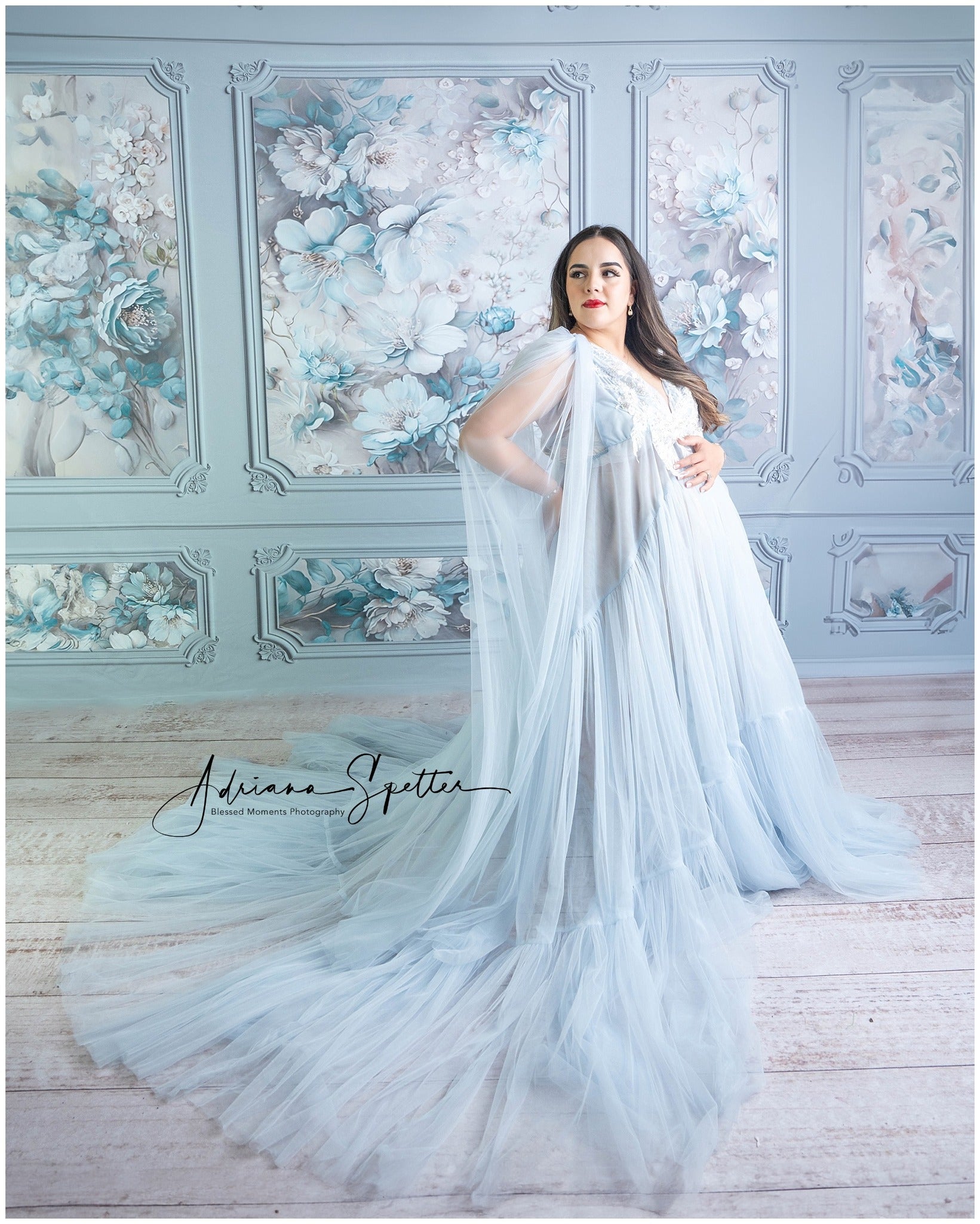 Blumenwand-Fotohintergrund Blau-weiße Blumenwandpaneele Vintage-Fotohintergrund MRR9-110