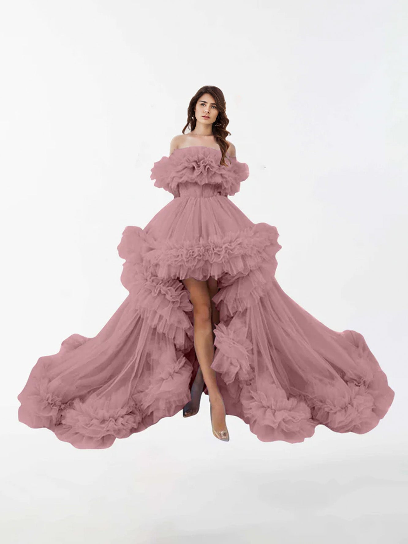 DBackdrop Tulle Unregelmäßig Gerüscht Hoch Niedrig Sweep Pinsel Zug Mutterschaft Kleid RB6