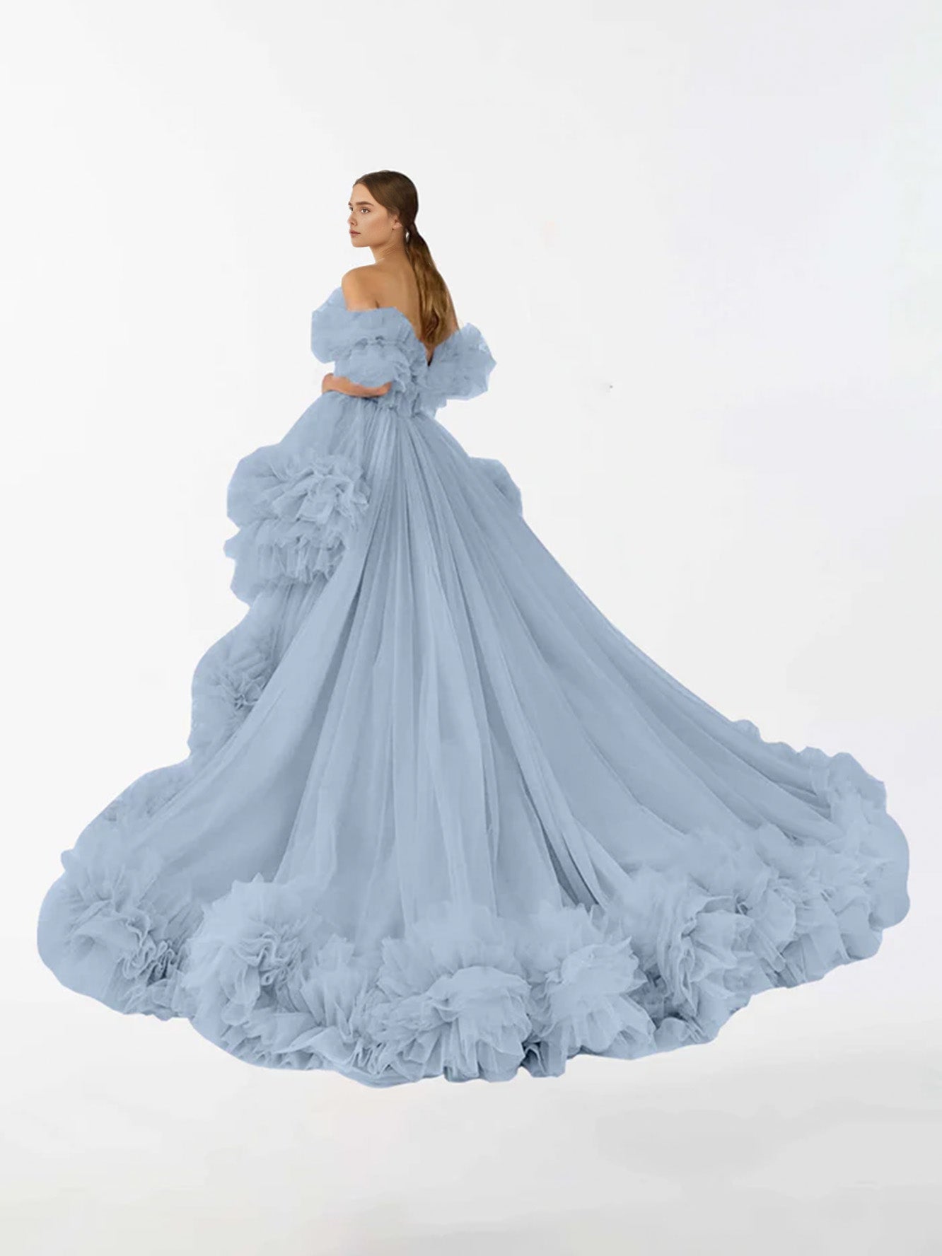 DBackdrop Tulle Unregelmäßig Gerüscht Hoch Niedrig Sweep Pinsel Zug Mutterschaft Kleid RB6