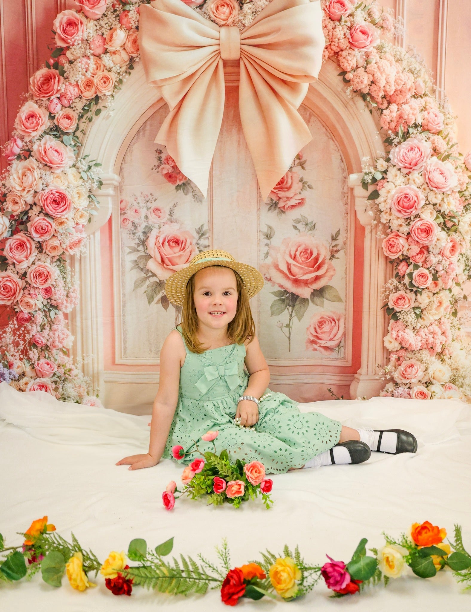 Blumenwand-Fotohintergrund Rosa Rosen Blumenbogen Vintage-Wandhintergrund MRR9-84