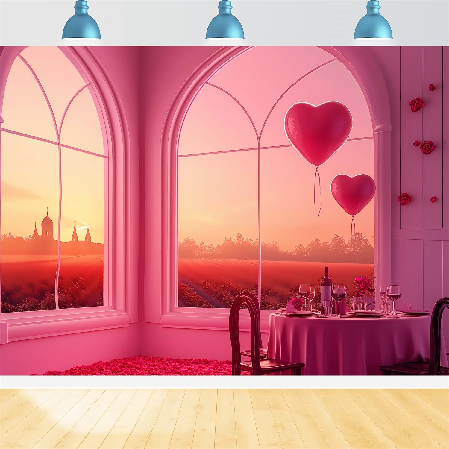 Backdrop für Valentinstag Sonnenuntergang Fenster Herz Luftballons Backdrop BRP1-149