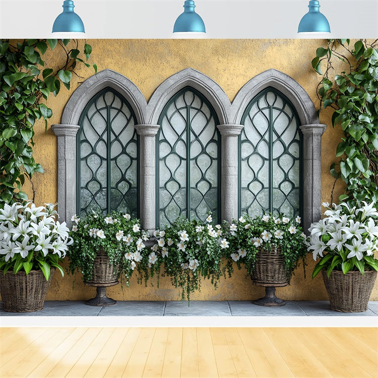 Fotohintergrund Frühling Weiße Lilienkörbe Stein Fensterhintergrund BRP1-16