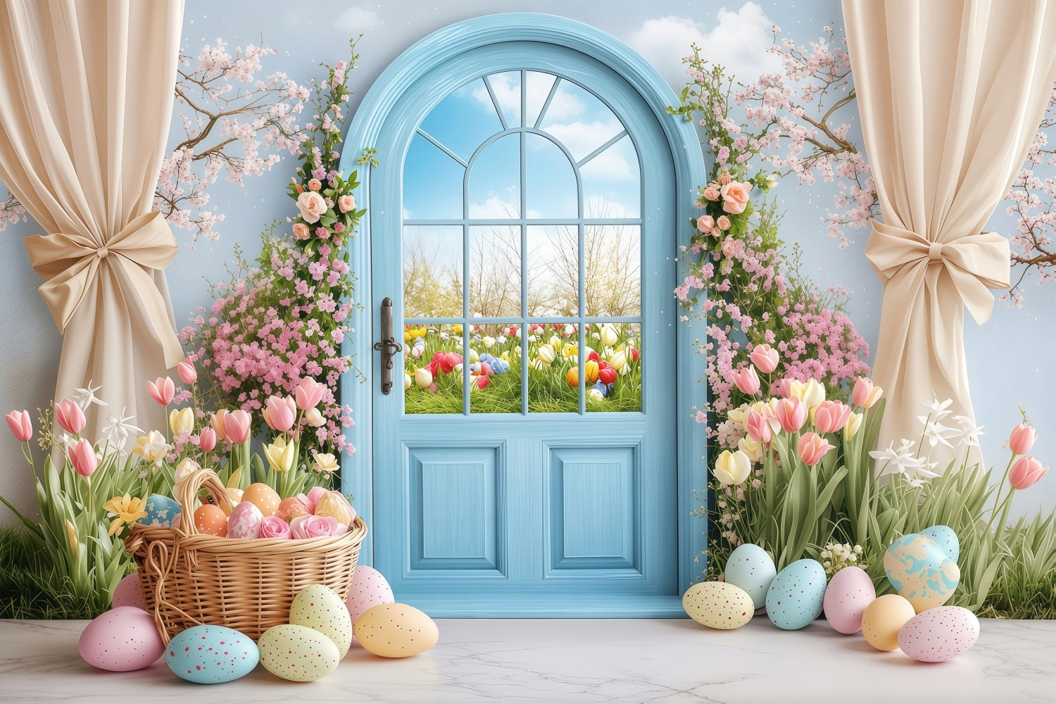 Ostern Backdrops Fotografie Frühling Garten Blaue Tür Hintergrund BRP1-225