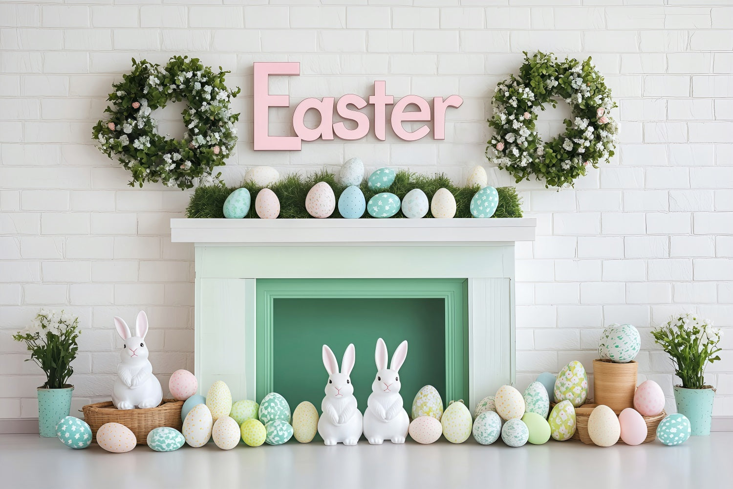 Frohe Ostern Fotokulisse Bunny Egg Mantel Backdrop BRP1-277