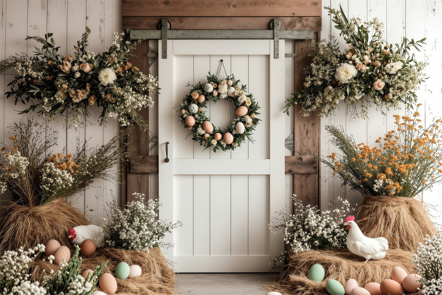 Ostern Backdrops Fotografie Scheune Tür Kranz Floral Backdrop BRP1-285