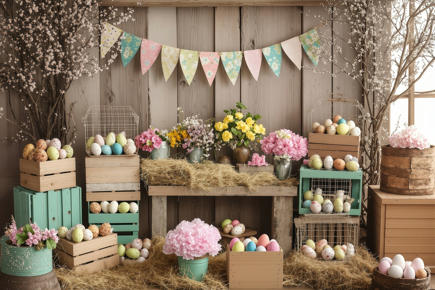 Fotografie Ostern Backdrop Rustic Egg Crates Floral Backdrop BRP1-288