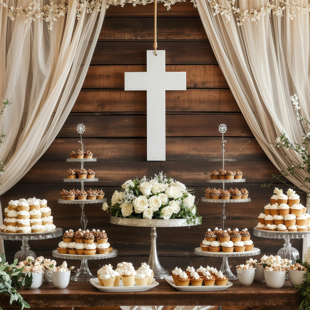 Backdrops Ostern Hochzeit Dessert Tisch Weißes Kreuz Backdrop BRP1-307