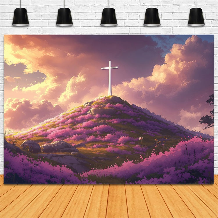 Backdrops Ostern Göttlicher Sonnenuntergang Kreuz geblümt Hügel Backdrop BRP1-309