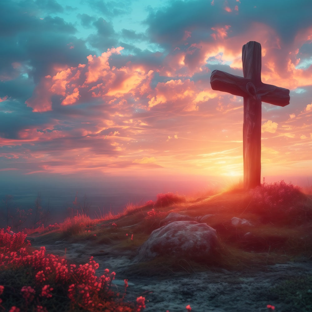 Ostern Fotohintergrund Dämmerung Glühen Hügel Kreuz Hintergrund BRP1-310