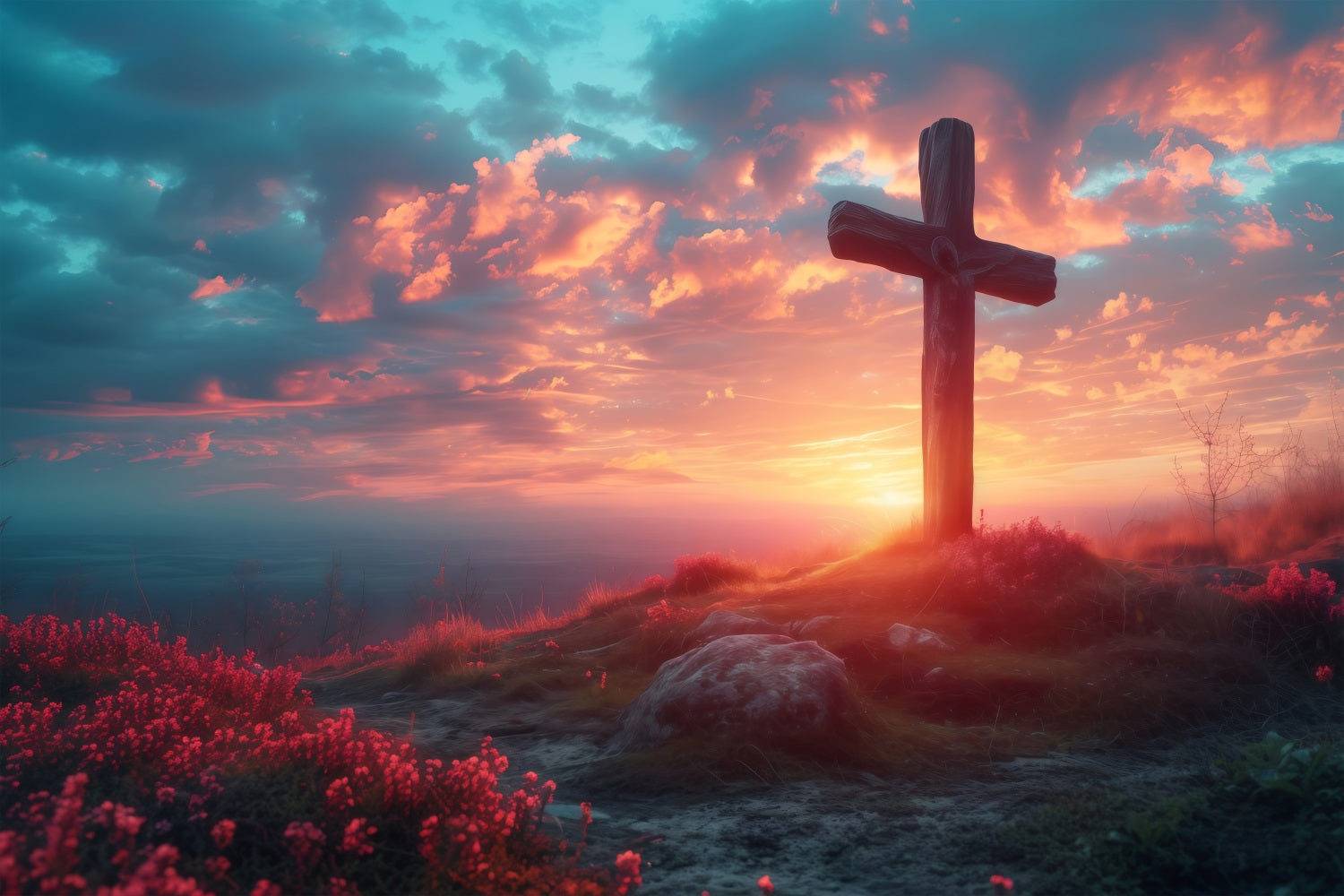 Ostern Fotohintergrund Dämmerung Glühen Hügel Kreuz Hintergrund BRP1-310