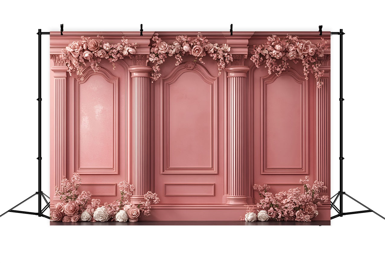 Boudoir Fotohintergrund Verschnörkelte rosa Säulen Blumenhintergrund BRP1-442