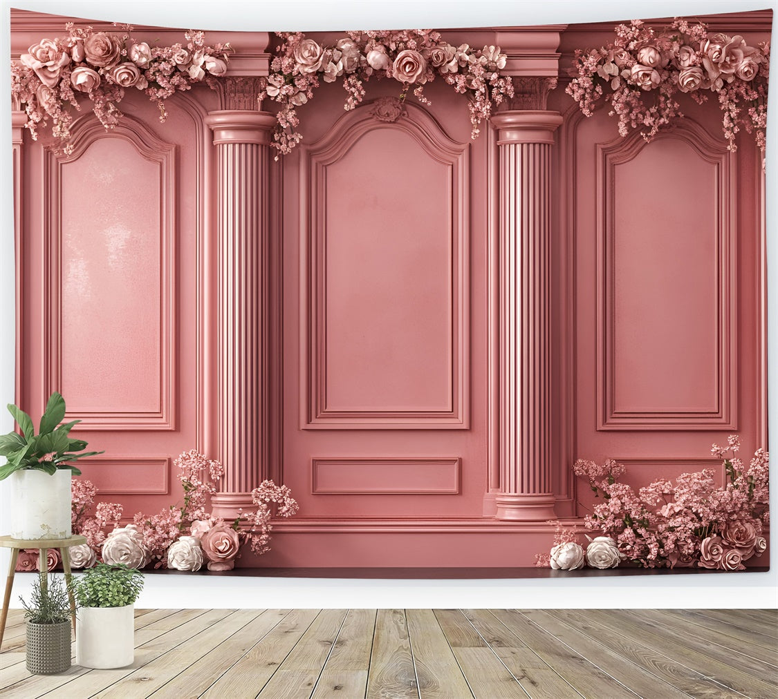 Boudoir Fotohintergrund Verschnörkelte rosa Säulen Blumenhintergrund BRP1-442