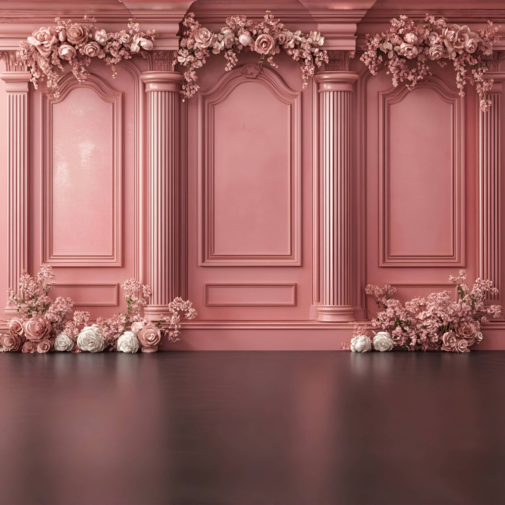 Boudoir Fotohintergrund Verschnörkelte rosa Säulen Blumenhintergrund BRP1-442