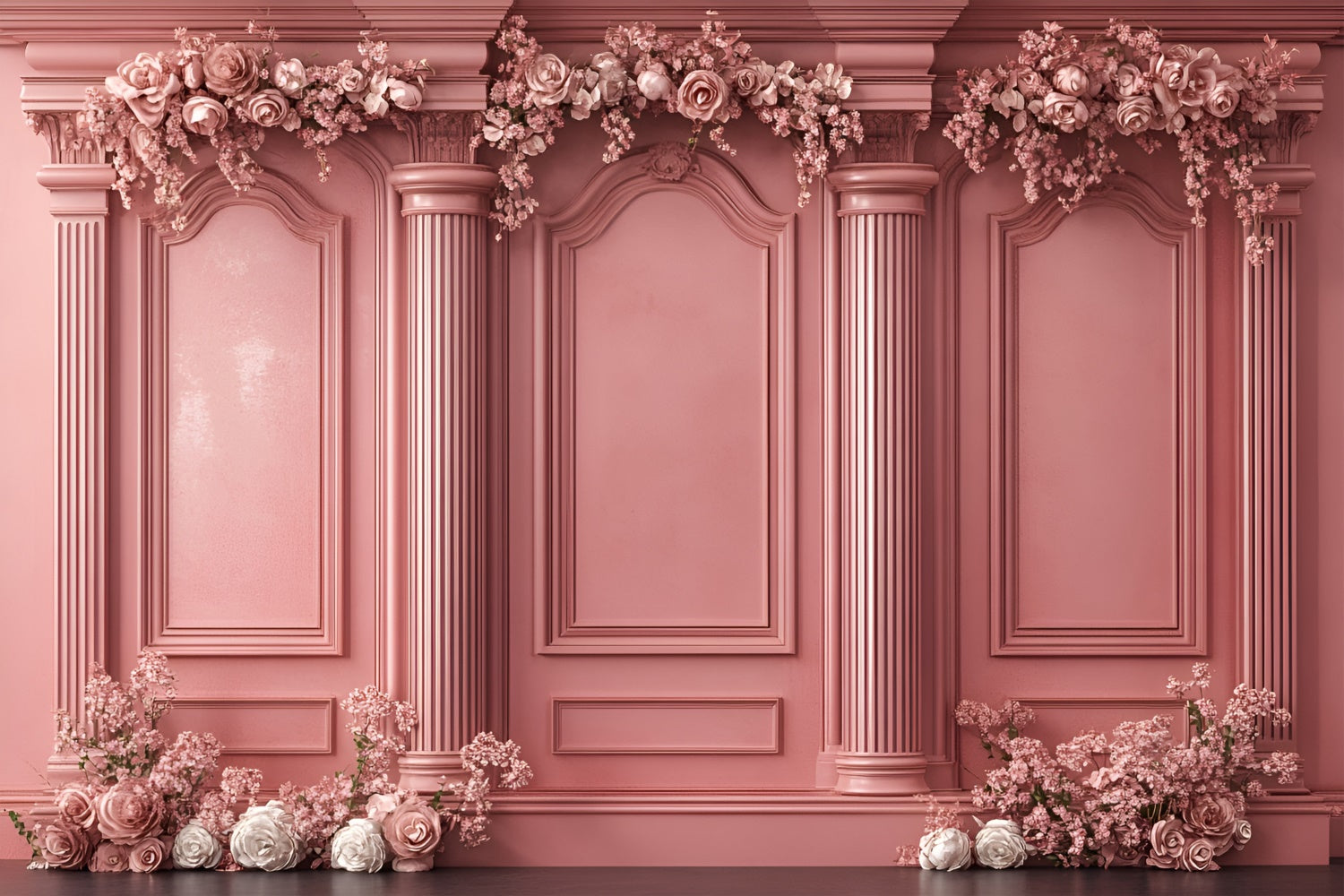 Boudoir Fotohintergrund Verschnörkelte rosa Säulen Blumenhintergrund BRP1-442