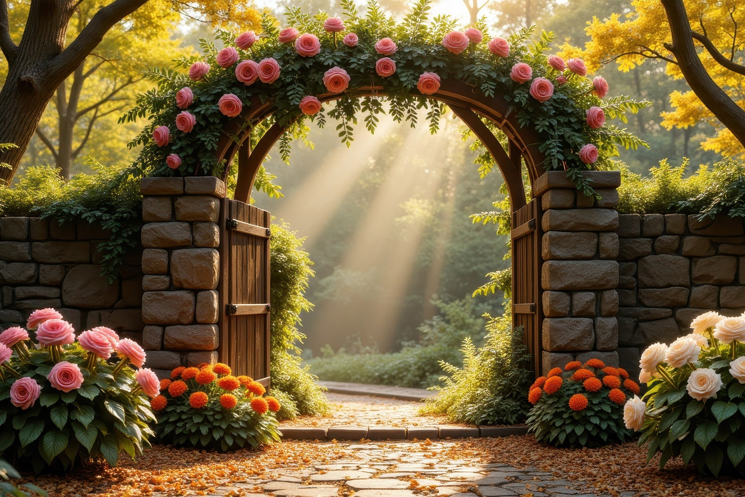 Blumenfotografie Backdrop Fotokulisse Rosenbeladener Steinbogen Backdrop BRP1-514
