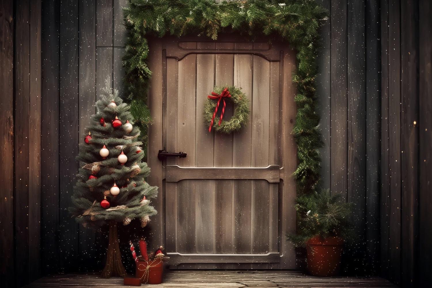 Weihnachten Stoff Hintergrund Rustic Entrance Pine Decor Hintergrund BRP10-156