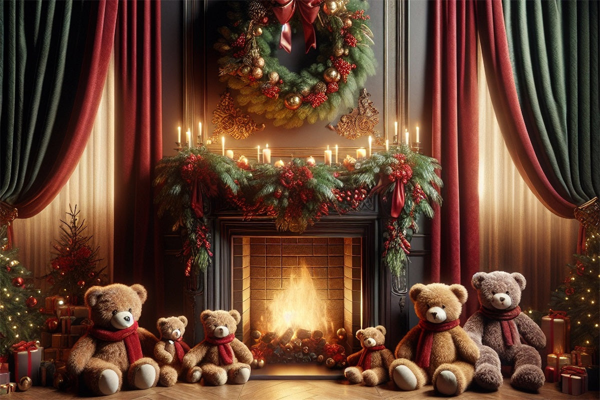 Weihnachtskranz Hintergrund Bär Familie Versammlung Kamin Hintergrund BRP10-162