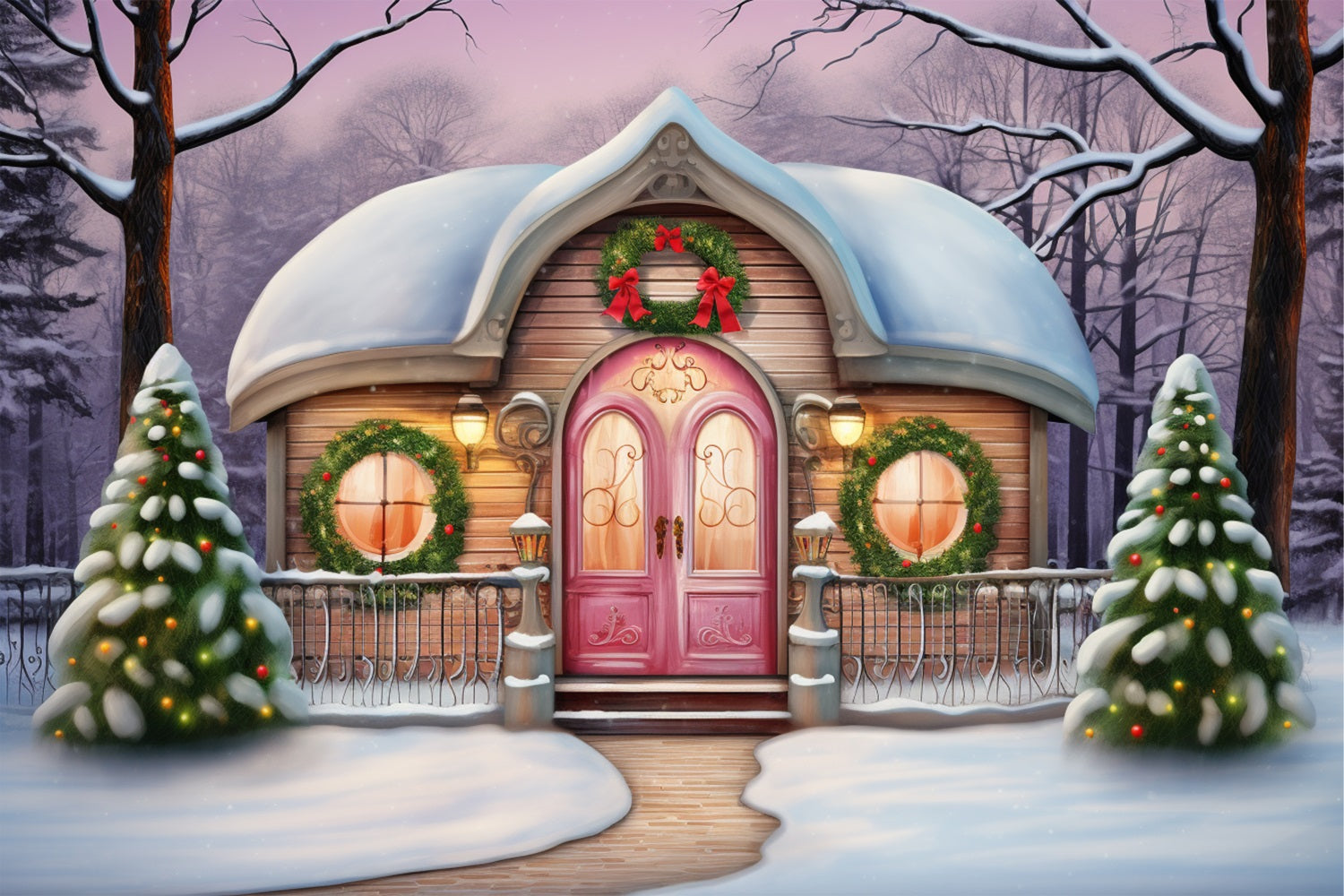 Winter Magical Pink Cottage dekoriert Feiertage Hintergrund BRP10-28