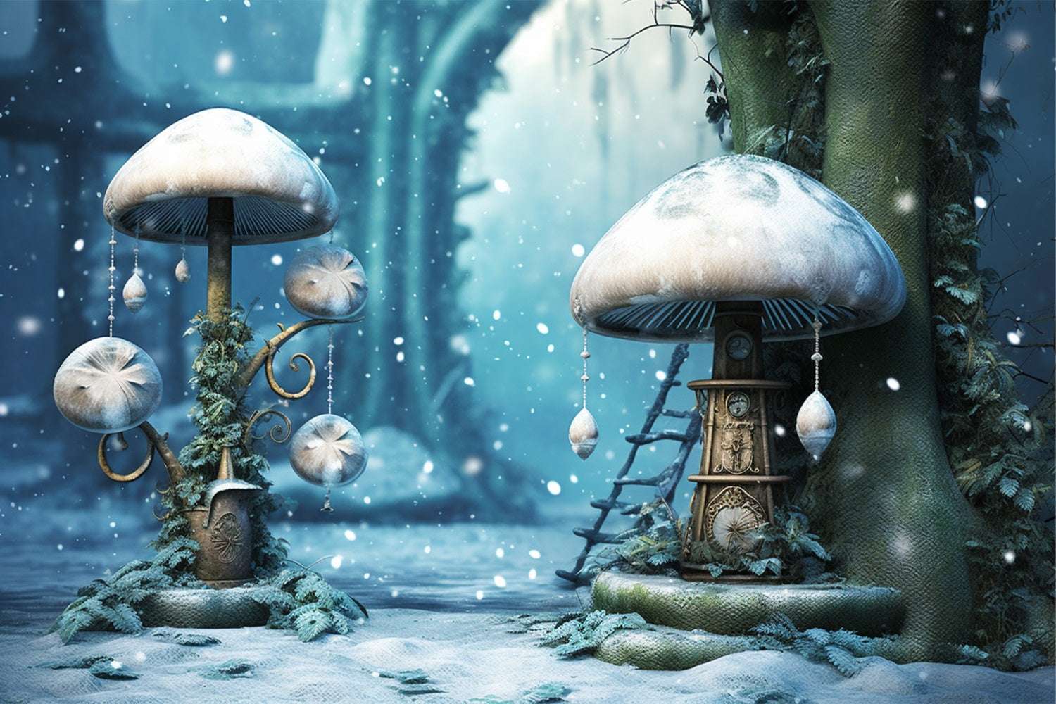 Winter Mystical Forest Frosted Mushroom Dekorationen Hintergrund BRP10-31