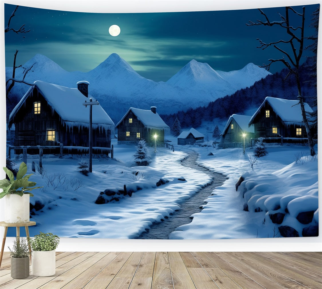 Winter Moonlit Road Cozy Snowy Cottages Hintergrund BRP10-39